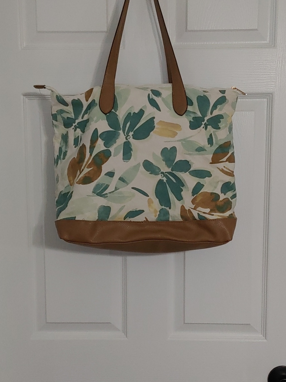 a new day Canvas Laptop Bag with Tan Leather & Floral Accents - Picture 4 of 7